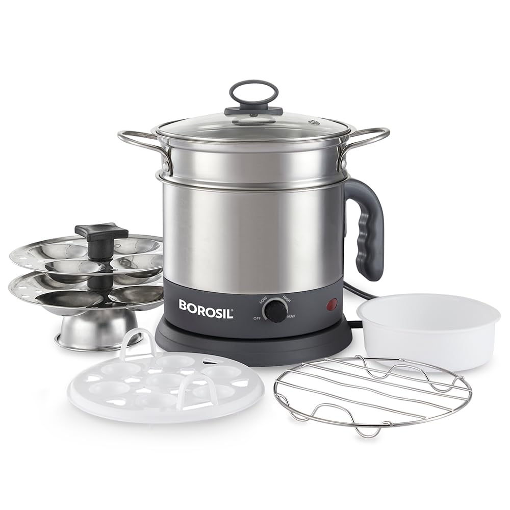Borosil Multipurpose Electric Kettle with Egg Tray, Idli Stand